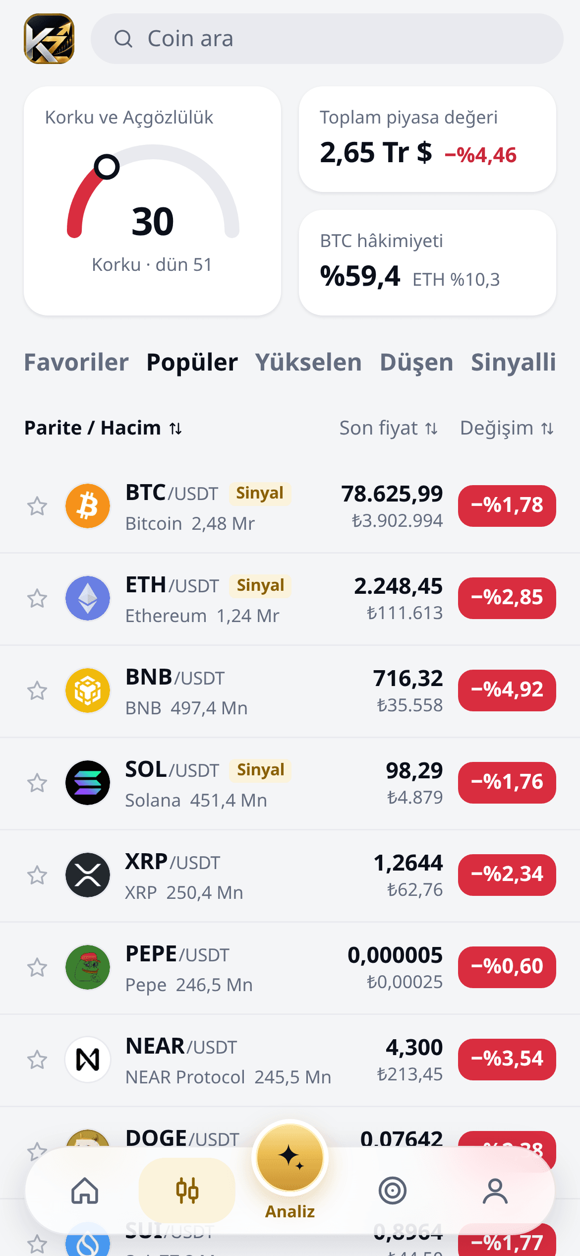Piyasa ekranı: toplam piyasa değeri, BTC dominansı ve coin listesi